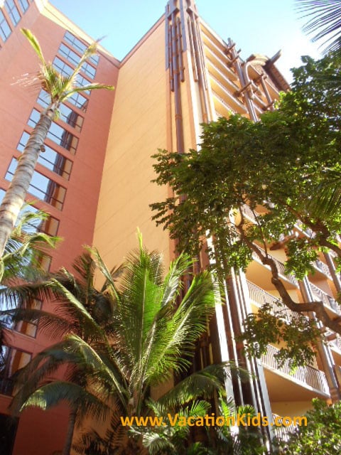 View of one of the room towers at Disney Aulani Resort in Oahu, Hawaii