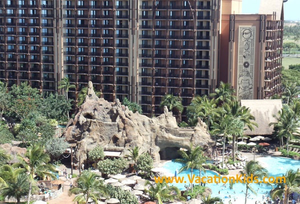 Many rooms at Disney Aulani overlook the pools with a view of the ocean beyond