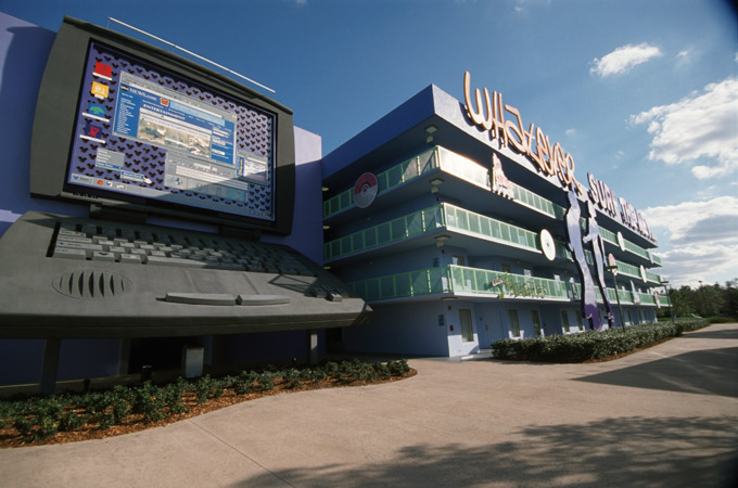 Disney's Pop Century Resort building that celebrates the 1980's is shaped like a computer along with a pool to match.