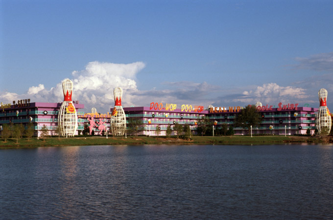 View of Disney's Pop Century Resort from across Hourglass lake.