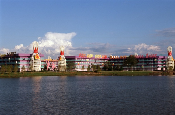 View of Disney's Pop Century Resort from across Hourglass lake.