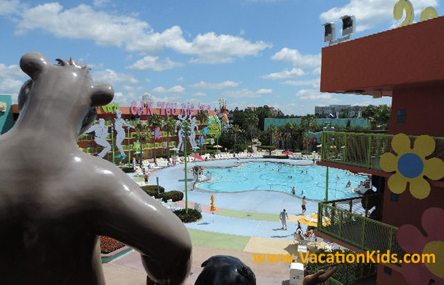 Moguli and Blu overlook the Hippy-Dippy pool located in the 1960's section of the Pop Century Resort