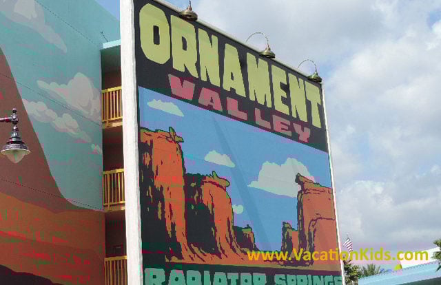 The cars guest room buildings at Disney's Art Of Animation are surrounded by a replica of the movie's Ornament Valley