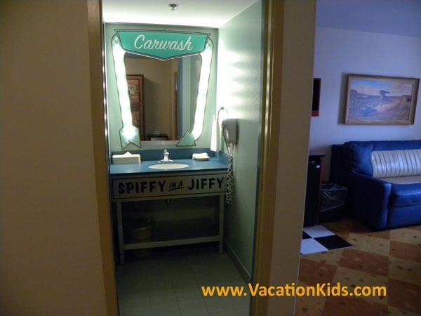 This is the first of two full bathrooms in Disney's Art of Animtation Cars family suite