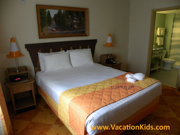 Road hazard cones for bedside lamps in the master bedroom at Disney's Art of Animation Family suites