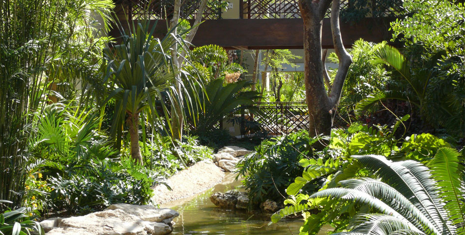 Lush tropical garden surround guests at the Grand Velas Riviera Maya