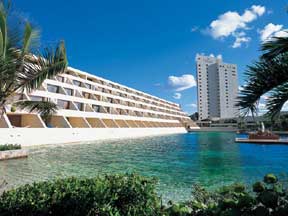View of resort grounds of Dreams Hotel Cancun including the lagoon where the dolphins live