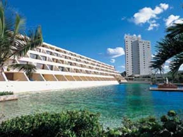 View of resort grounds of Dreams Hotel Cancun including the lagoon where the dolphins live