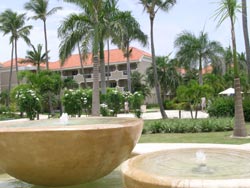 Fountains and garden views at Dreams Palm Beach Punta Cana all inclusive family resort