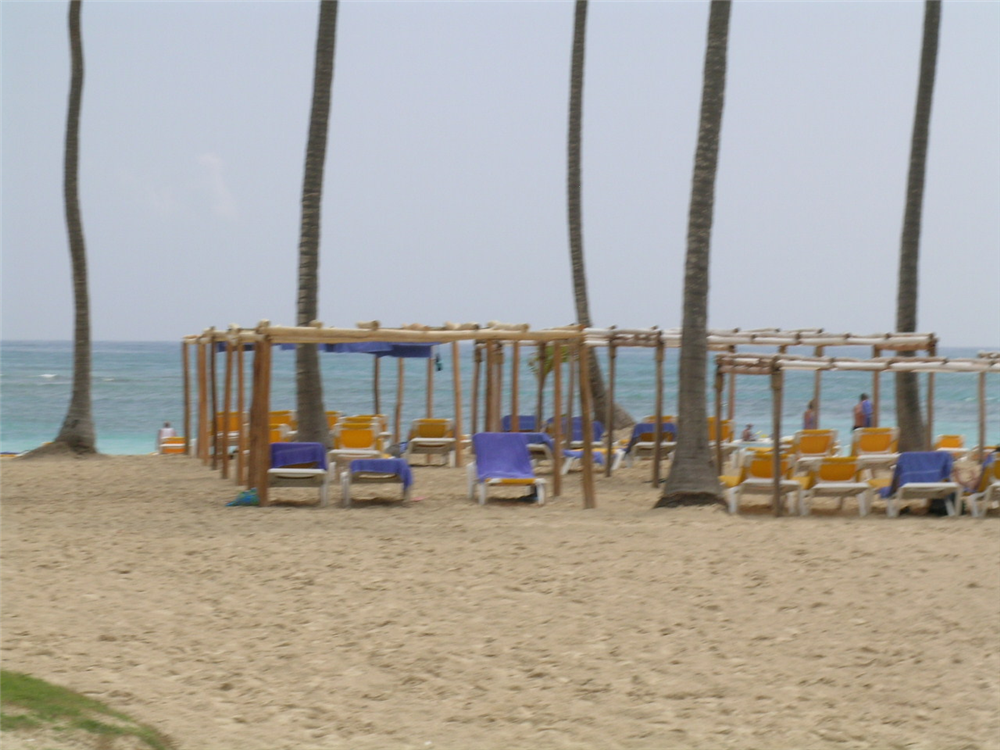 Canopy palapas on the beach at the Ocean Blue resort