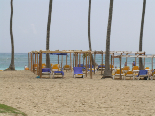 Canopy palapas on the beach at the Ocean Blue resort
