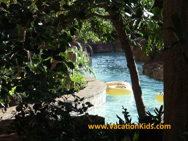 The Waikolohe Lazy River at Disney Aulani winds its way thru lush gardens while refreshing guests.