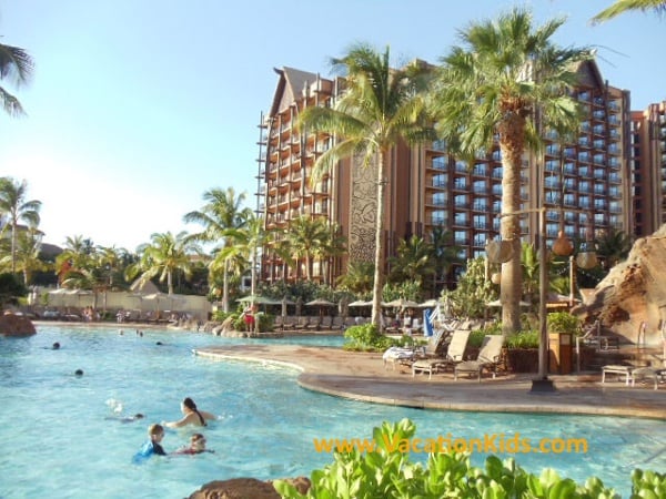 View of the zero entry pool at Waikolohe valley in the center of the resort