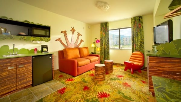 Art of Animation Lion King family suite offers families a double sleeper sofa, separate TV and mini kitchenette