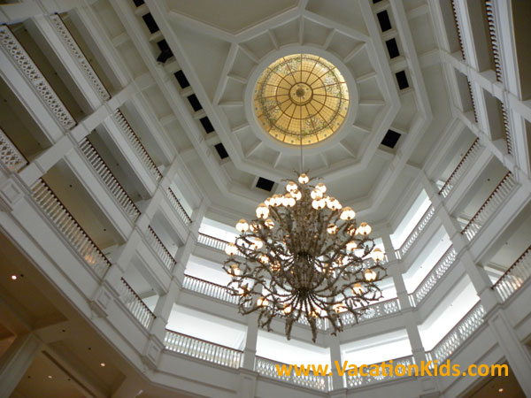 Huge beautiful chandelier and sky lights in the main building of Disney's Grand Floridian Resort