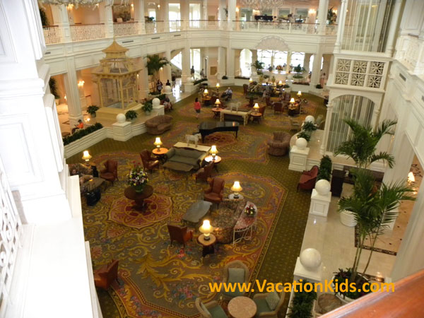 Balcony view of the beautiful Victorian lobby that welcomes guests at Disney's Grand Floridian