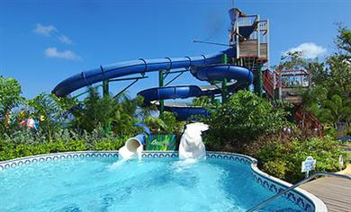 Pirates Island Water Park, an 18,000 square foot area with 200' long waterslides, a plunge pool and whirlpool, in addition to a lazy river, misting pool and swim-up bar for adults